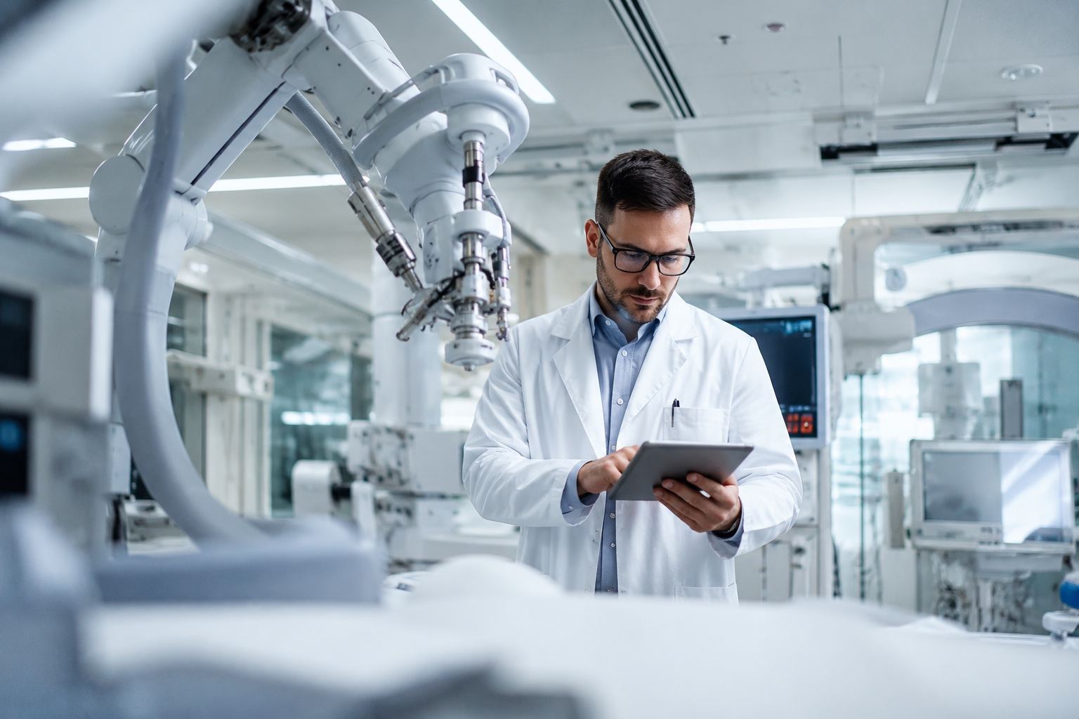 MedTech-Experte mit Tablet in einer robotergestützten Produktionsumgebung