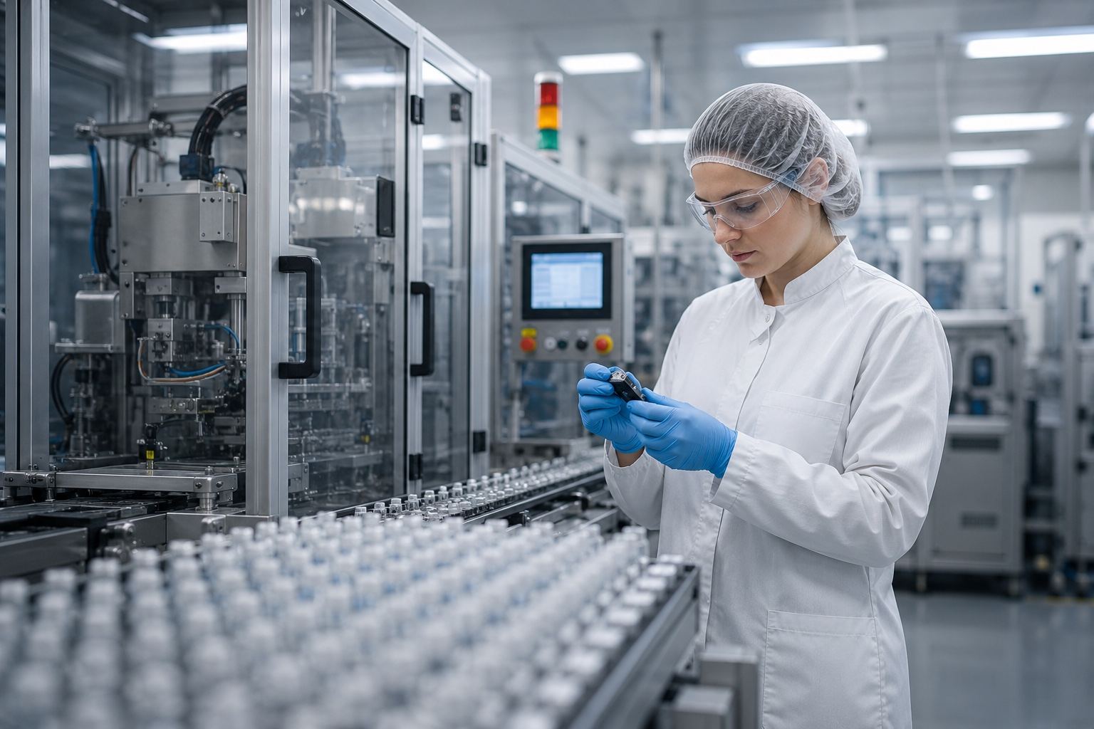 Pharma-Mitarbeiterin bei der Qualitätskontrolle in der Produktion