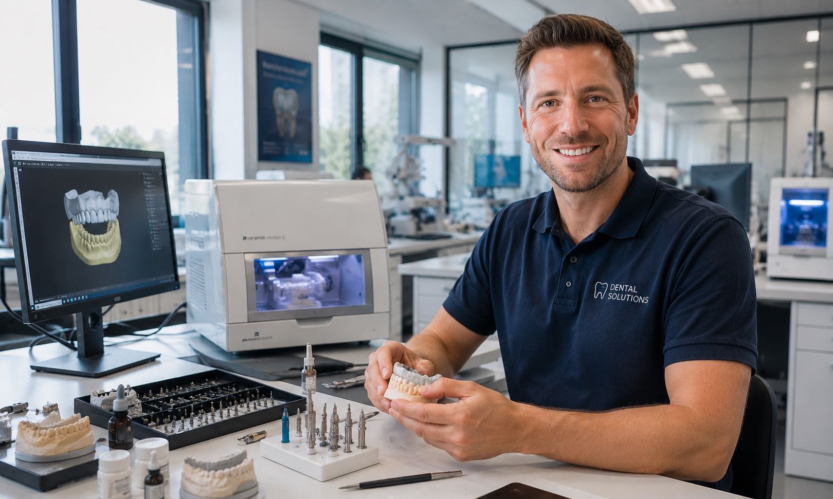 Dentaltechniker mit Zahnersatz in einem modernen Labor